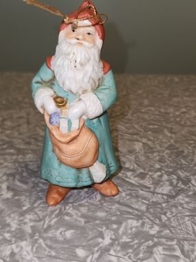 Aqua and Coral Santa Holiday Ornament with Gold Accent